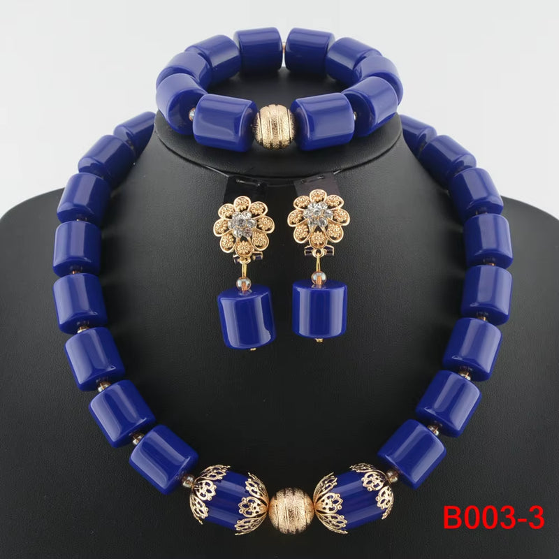 Nigeria Wedding Jewelry Set Imitation Coral Beads Golden Pendant Necklace for Women Resin Material African Bride Accessorise