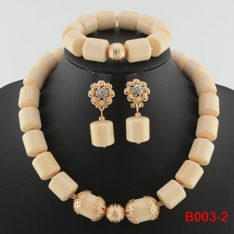 Nigeria Wedding Jewelry Set Imitation Coral Beads Golden Pendant Necklace for Women Resin Material African Bride Accessorise