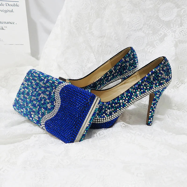 Royal Blue Multicolor Crystal wedding shoes with Macthing bags