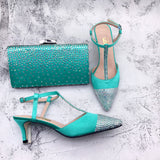 New Light Green Crystal Pointed toe Shoes with Matching Bags Set