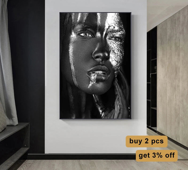 Black Woman Silver Foil Canvas Art Poster