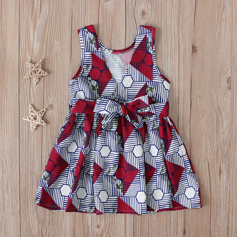 Children V-neck Sleeveless Polyester Printing Dress