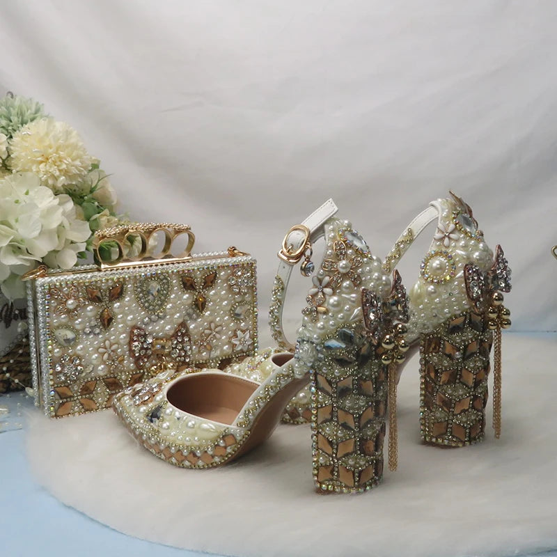 New luxury crystal wedding shoes with bags