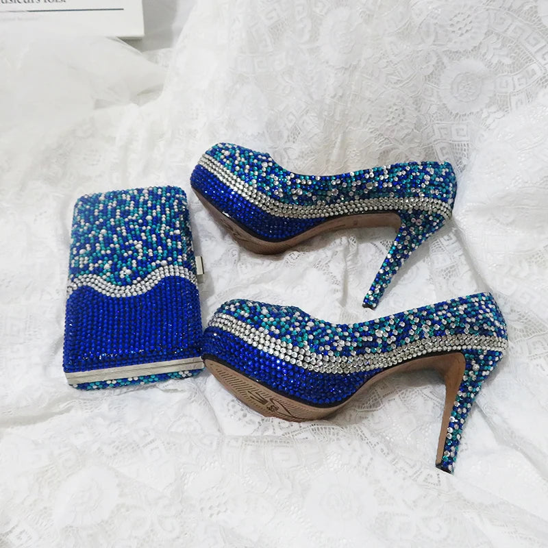 Royal Blue Multicolor Crystal wedding shoes with Macthing bags