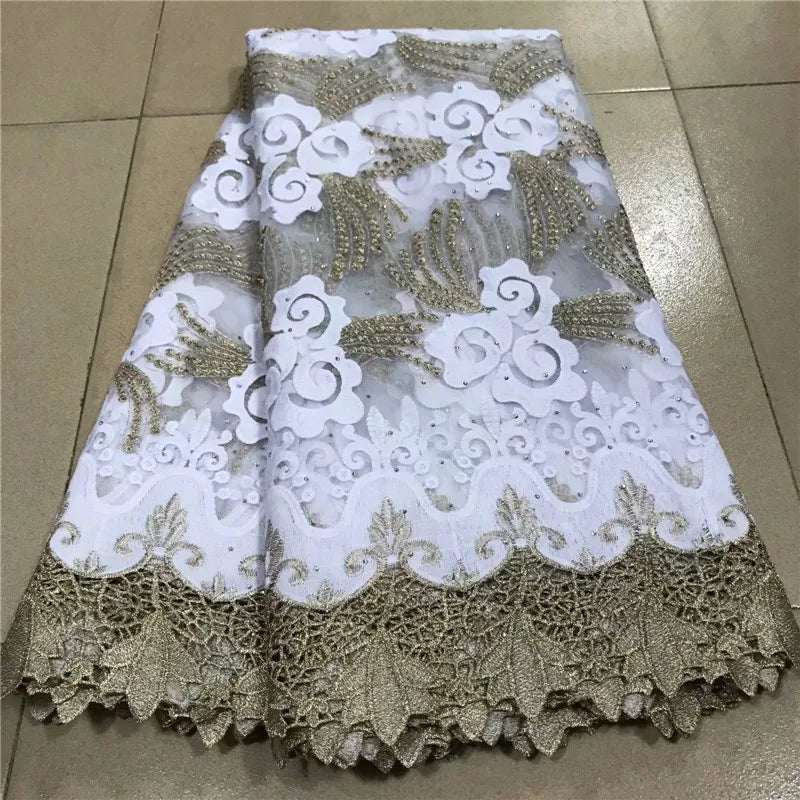 Yellow  Latest White African Sequin Lace Fabric