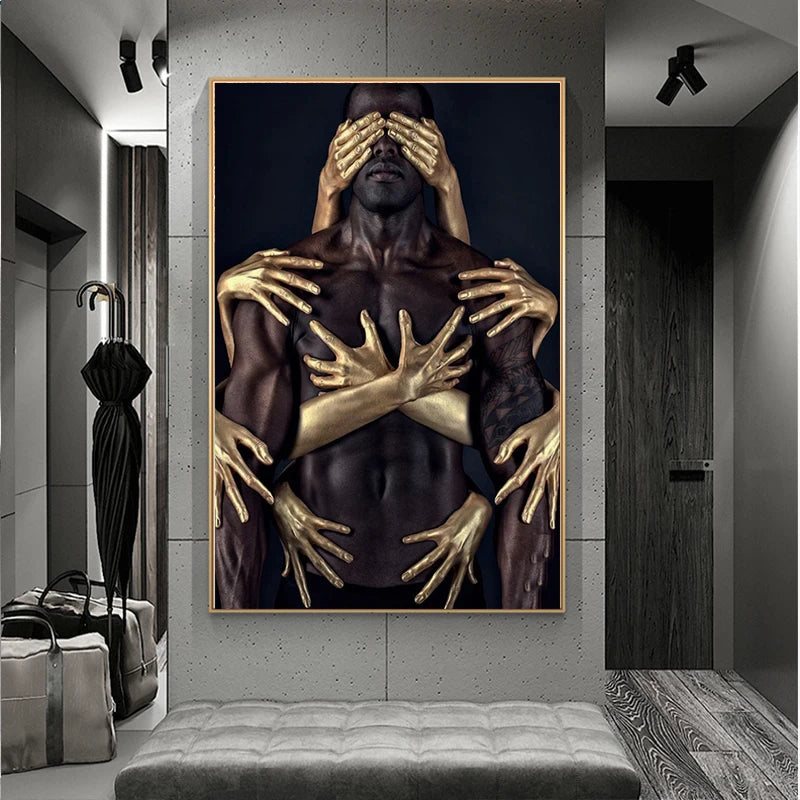 African Black Gold Nude Embrace Canvas Paintings Wall Art