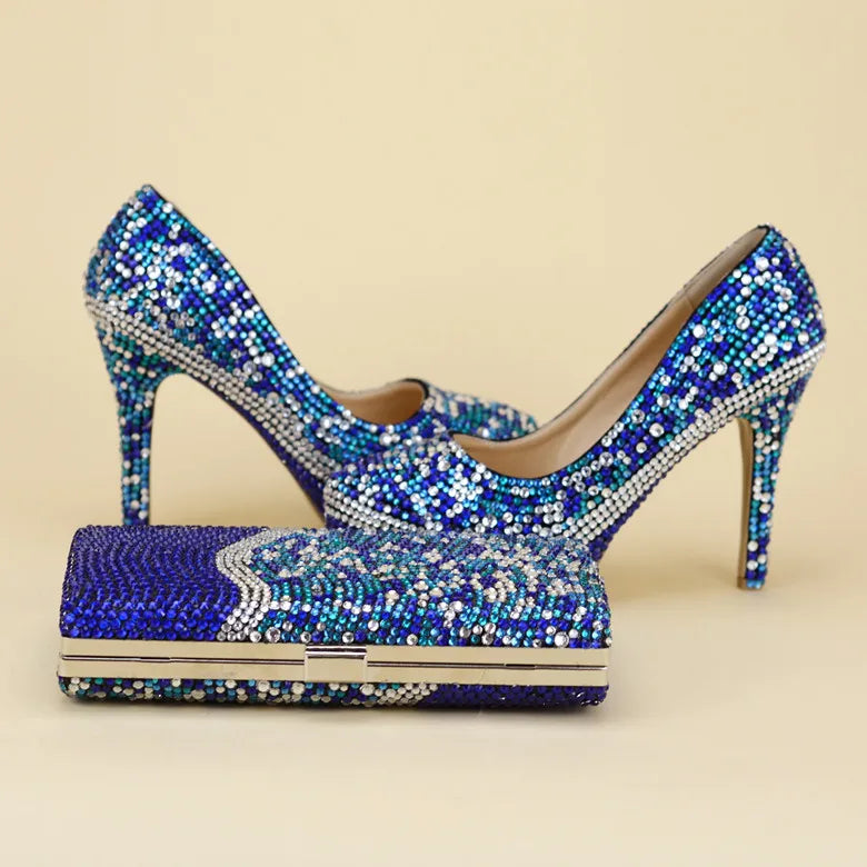 Royal Blue Multicolor Crystal wedding shoes with Macthing bags