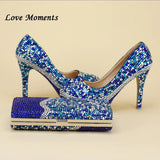 Royal Blue Multicolor Crystal wedding shoes with Macthing bags