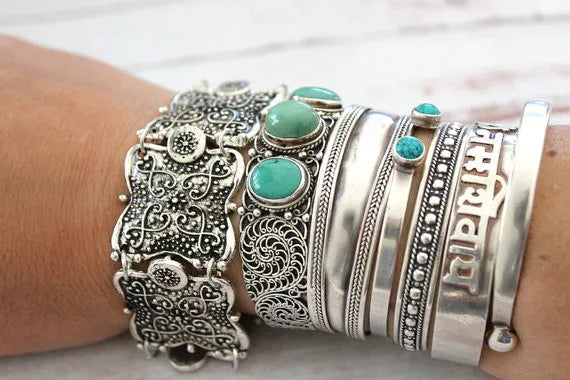 Tribal Ethnic Bohemian Vintage Metal Stone Coin Bracelet