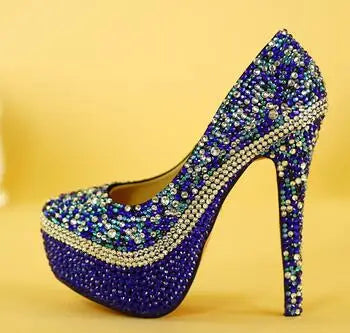 Royal Blue Multicolor Crystal wedding shoes with Macthing bags