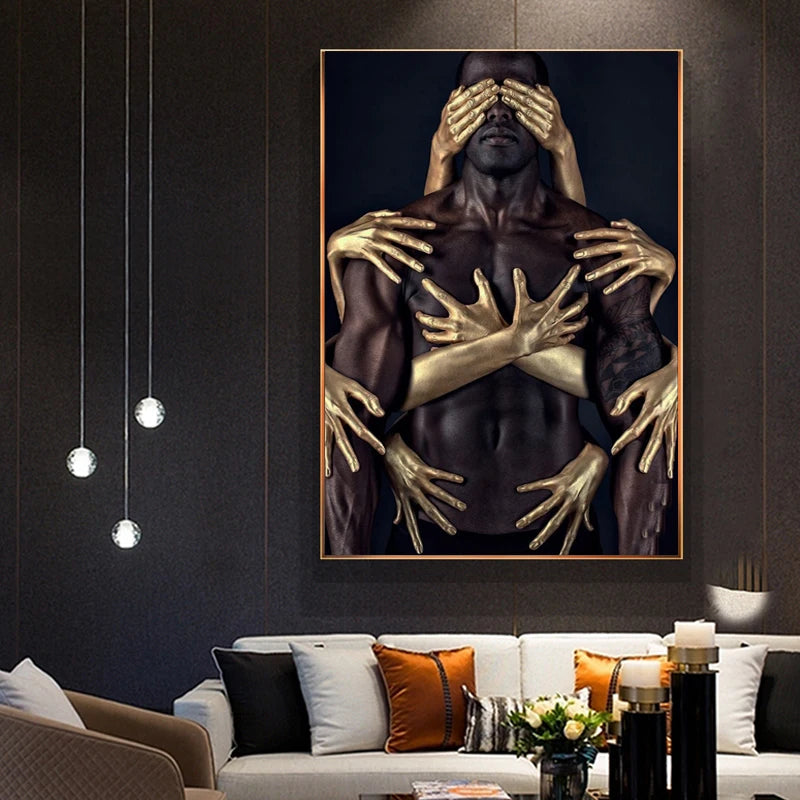 African Black Gold Nude Embrace Canvas Paintings Wall Art