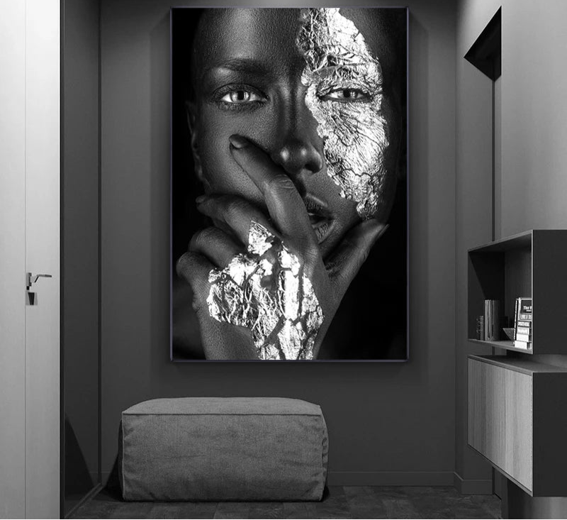 Black Woman Silver Foil Canvas Art Poster