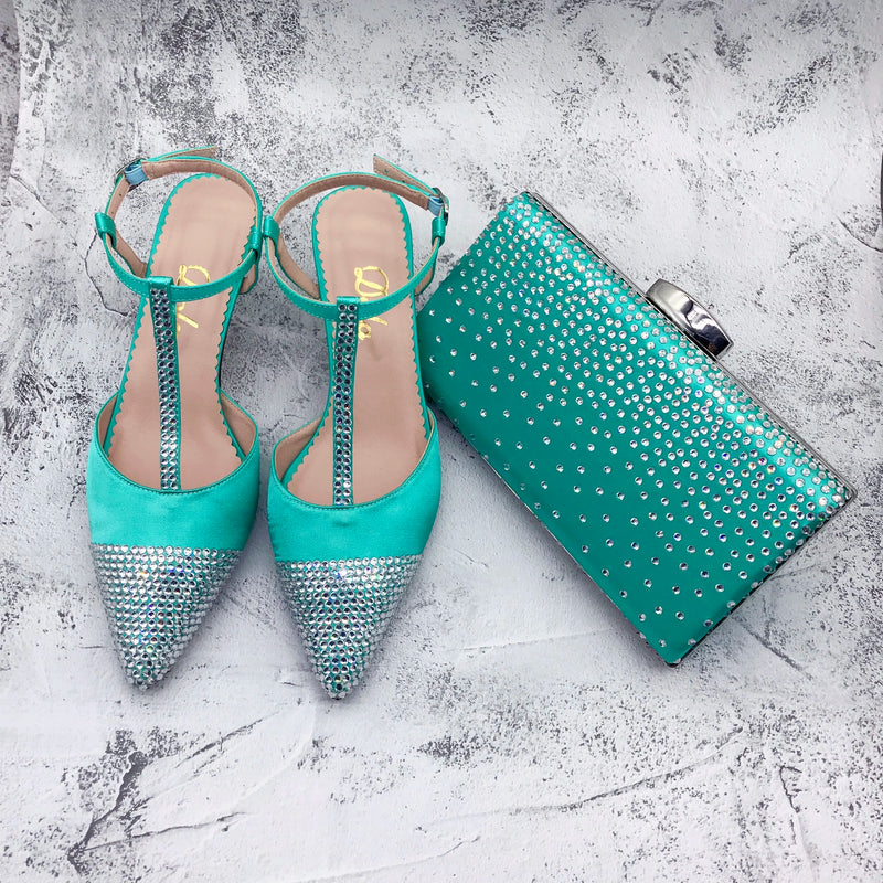 New Light Green Crystal Pointed toe Shoes with Matching Bags Set