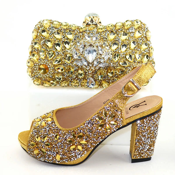 New Arrival Gold Color African Shoe and Bag Set