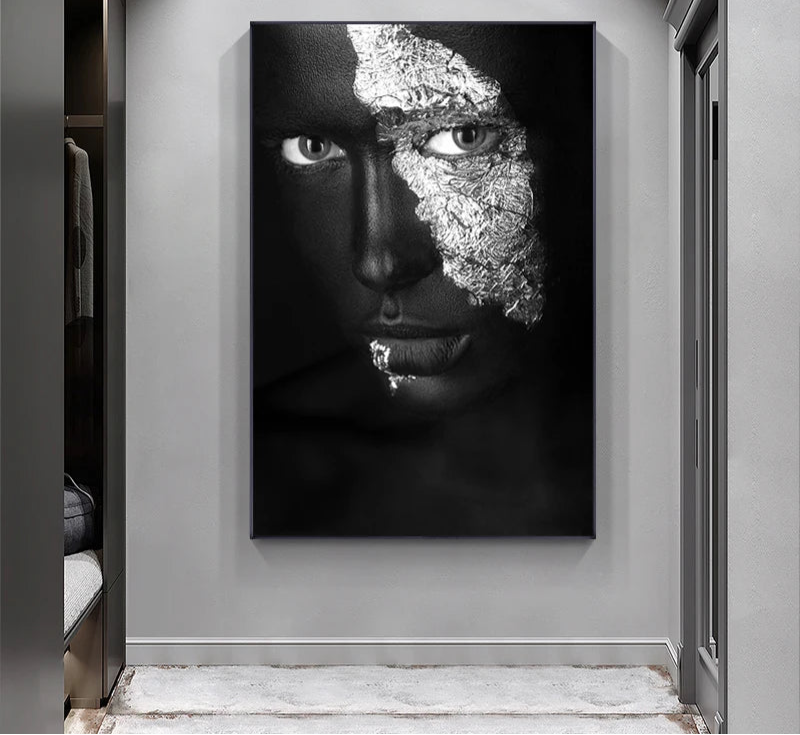 Black Woman Silver Foil Canvas Art Poster