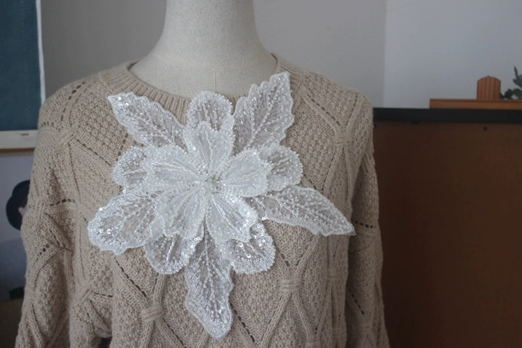 White Multi-layer Lace Sequin Studded 3D Flower