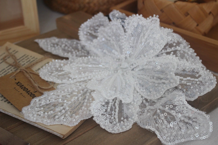 White Multi-layer Lace Sequin Studded 3D Flower