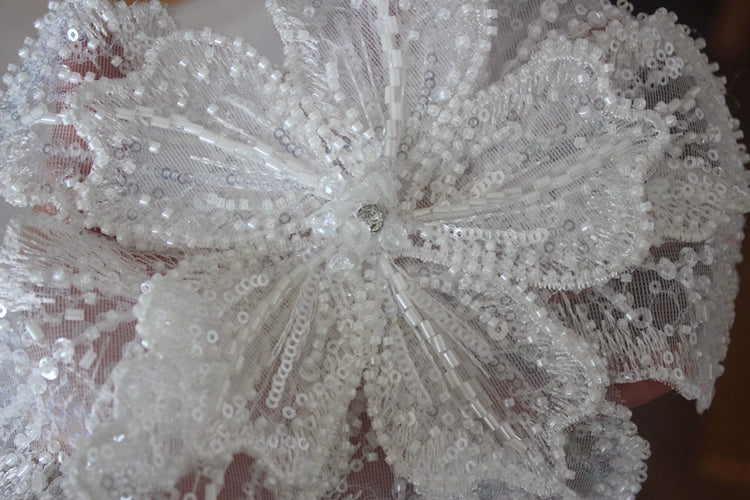 White Multi-layer Lace Sequin Studded 3D Flower