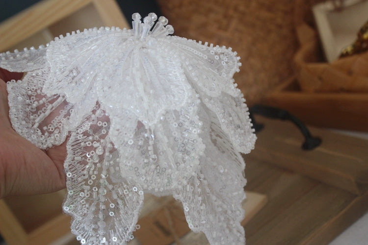 White Multi-layer Lace Sequin Studded 3D Flower