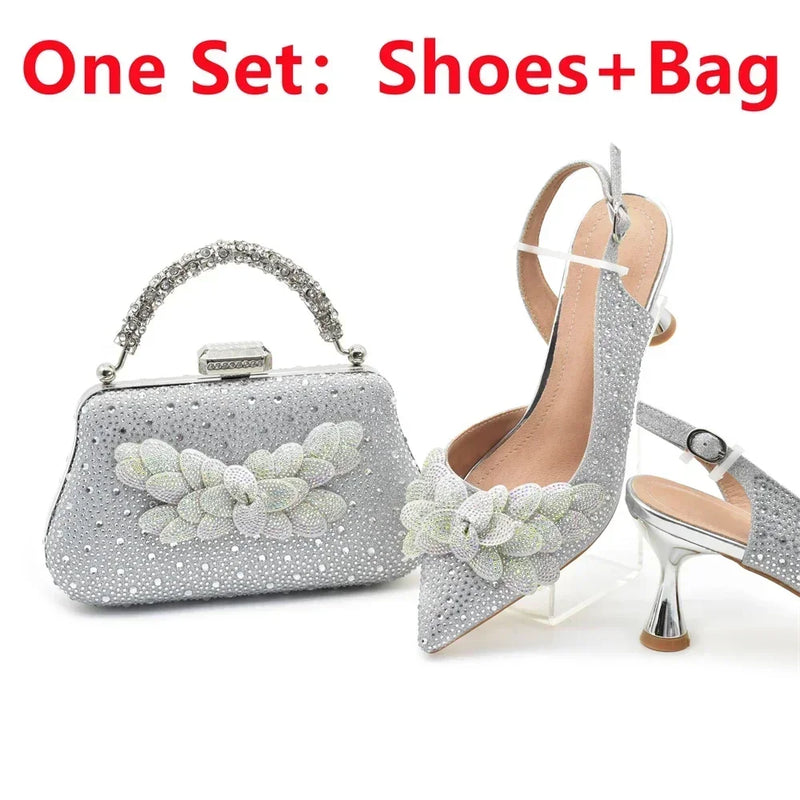 Women's Pumps Rhinestones Party Shoe and Bag Set