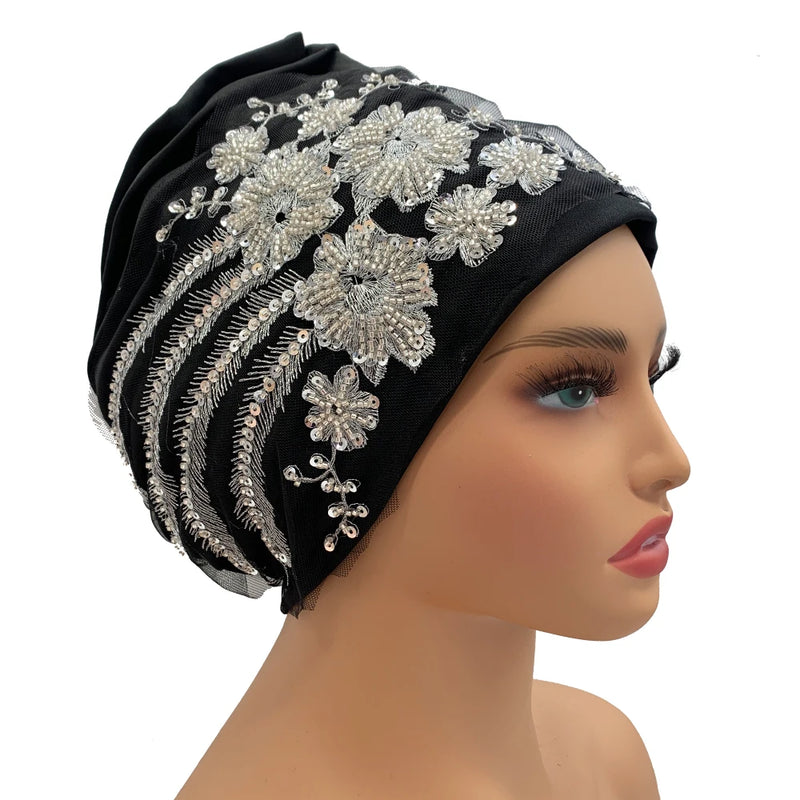 New Luxury Embroidery Beading Pleated Turban Cap