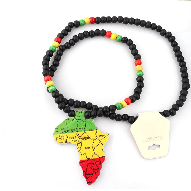 African Map Beaded Wooden Necklace