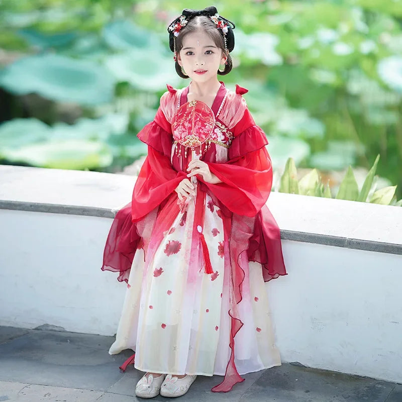 Chinese Vintage Style Girls Long Sleeve Red Hanfu Dress