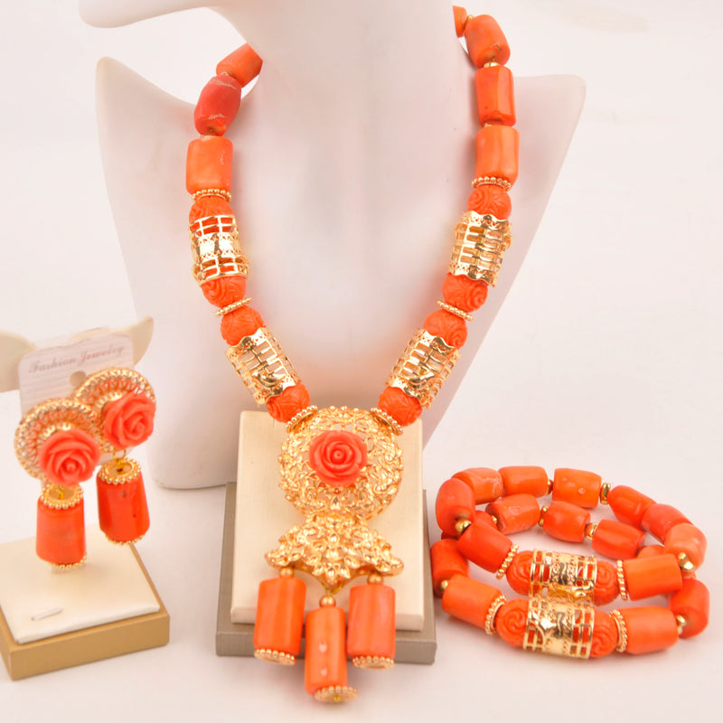 Original Orange Coral Beads Necklace Set