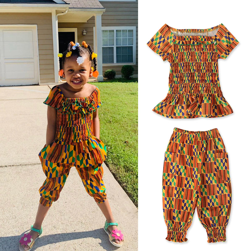 African Bohemian style geometric short-sleeved tops and pants two-piece