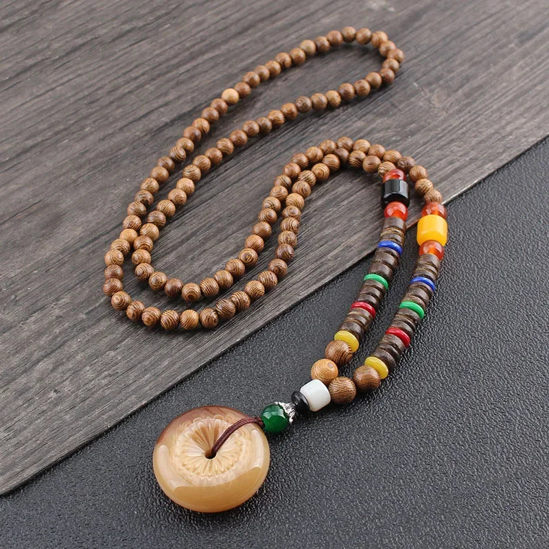 New Nepal Buddhist Mala Wood Beads Pendant & Necklace