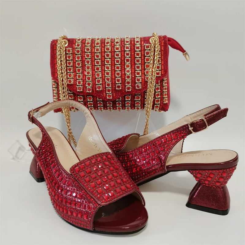 Women Crystal Design Sandal with Rhinestone Bag Set