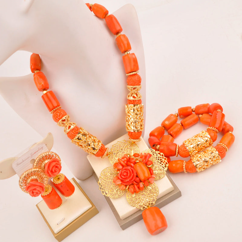 Original Orange Coral Beads Necklace Set