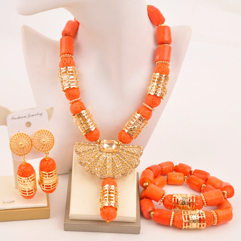 Original Orange Coral Beads Necklace Set