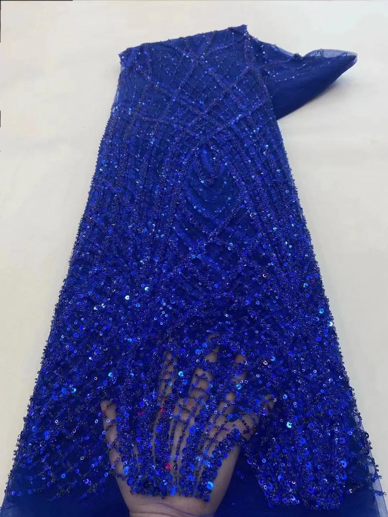 New Luxury Blue Mesh Beaded Lace Fabric