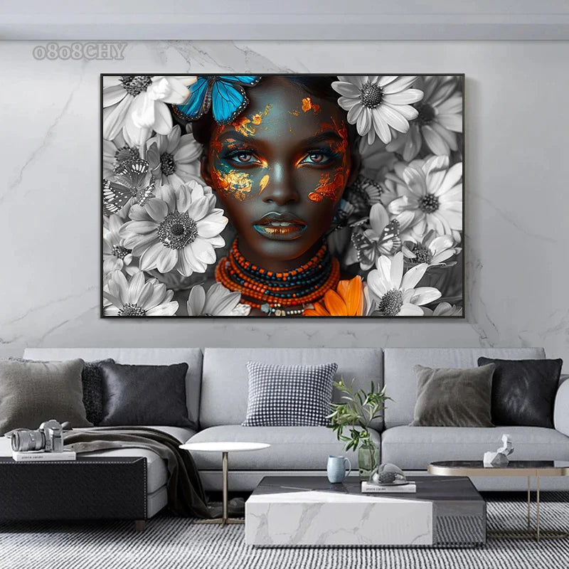 African Woman Flower Canvas Print Posters