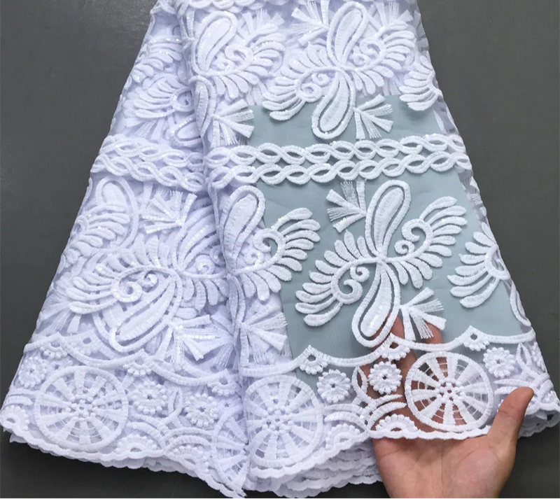 High Quality Nigerian White Mesh Embroidery Lace Fabric