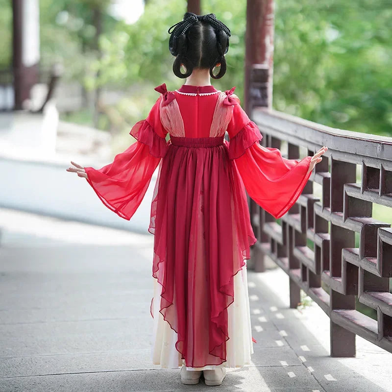 Chinese Vintage Style Girls Long Sleeve Red Hanfu Dress