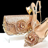 Shiny Gold Color Elegant Handbags and Medium Shoes