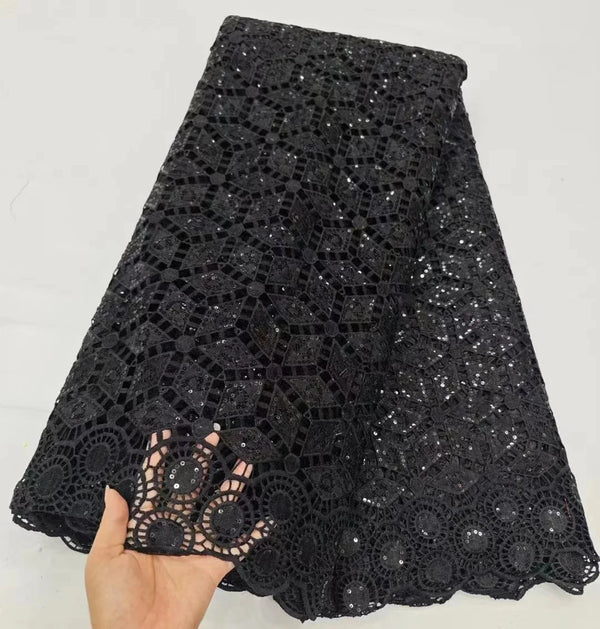 New Black Sequins African Guipure Cord Lace Fabric