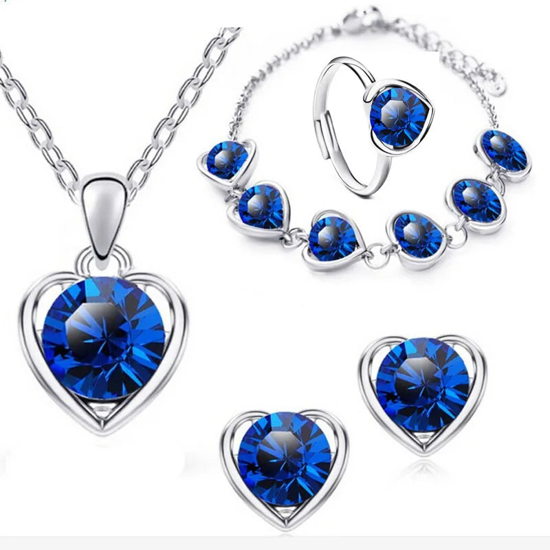 New Blue Cyrstal Ring Necklace Earrings Set