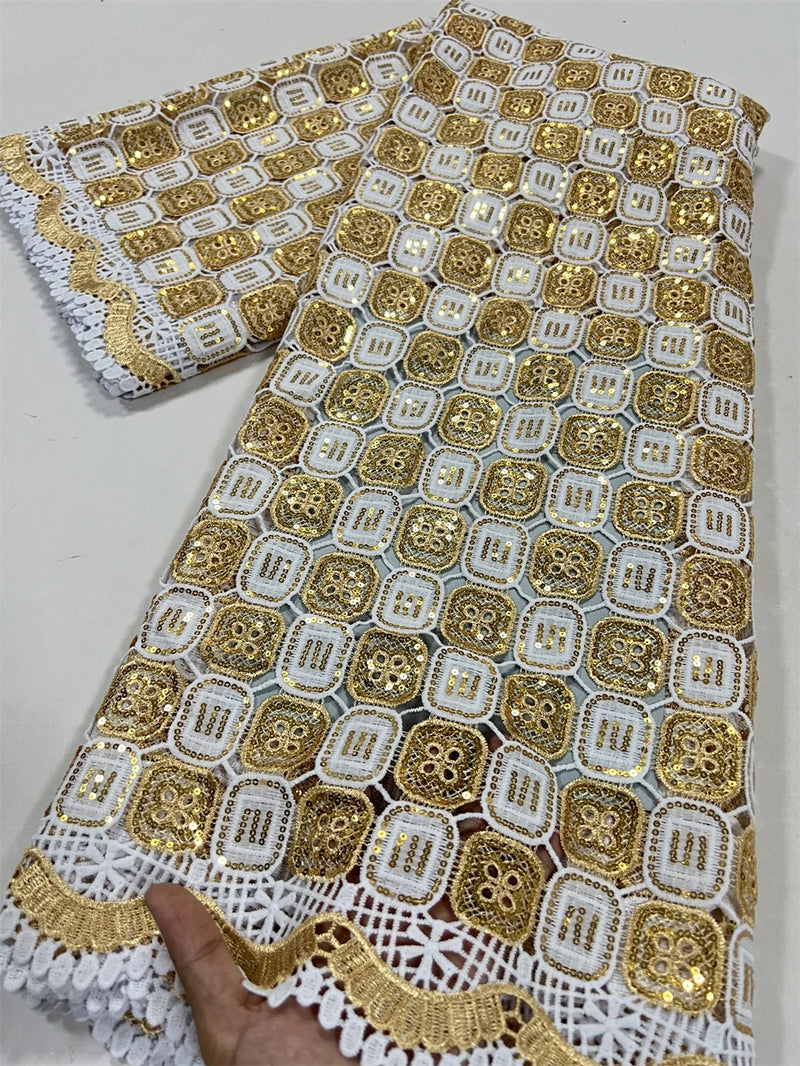 High Quality Nigerian Soluble Lace Golden Sequins Fabric