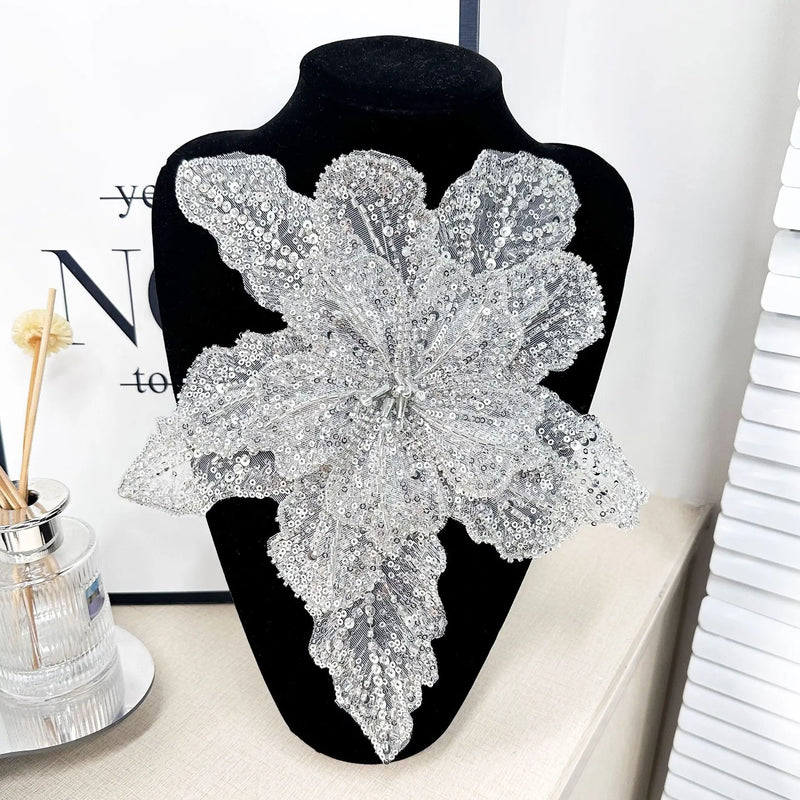 White Multi-layer Lace Sequin Studded 3D Flower