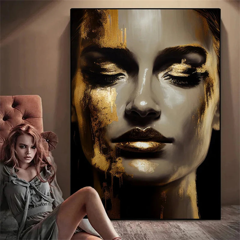 African Women Black and Gold Face Lip Wall Art Poster