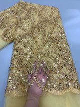 Gold African Luxury Beaded Tulle Lace Fabric