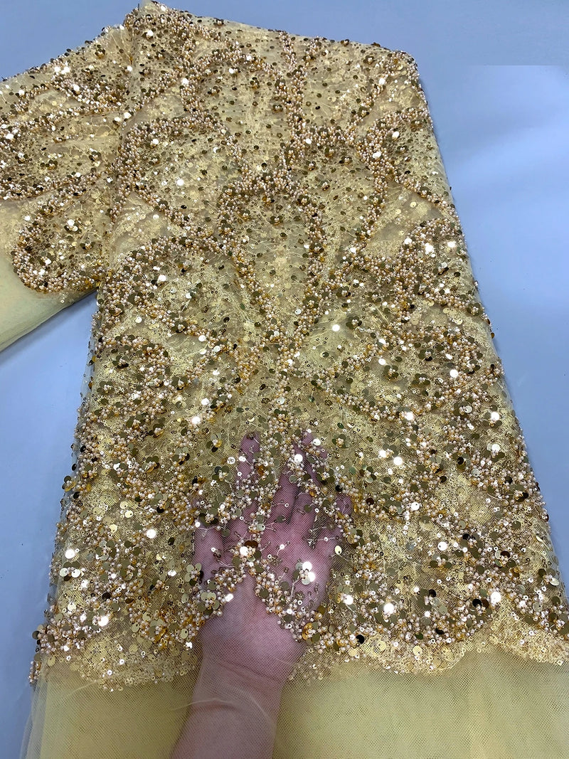 Gold African Luxury Beaded Tulle Lace Fabric