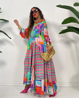 Summer African Women Long Sleeve V-neck Dress