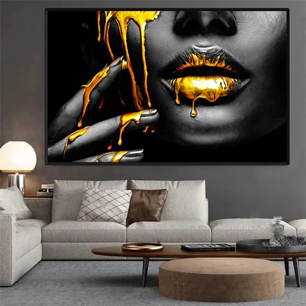 African Women Black and Gold Face Lip Wall Art Poster