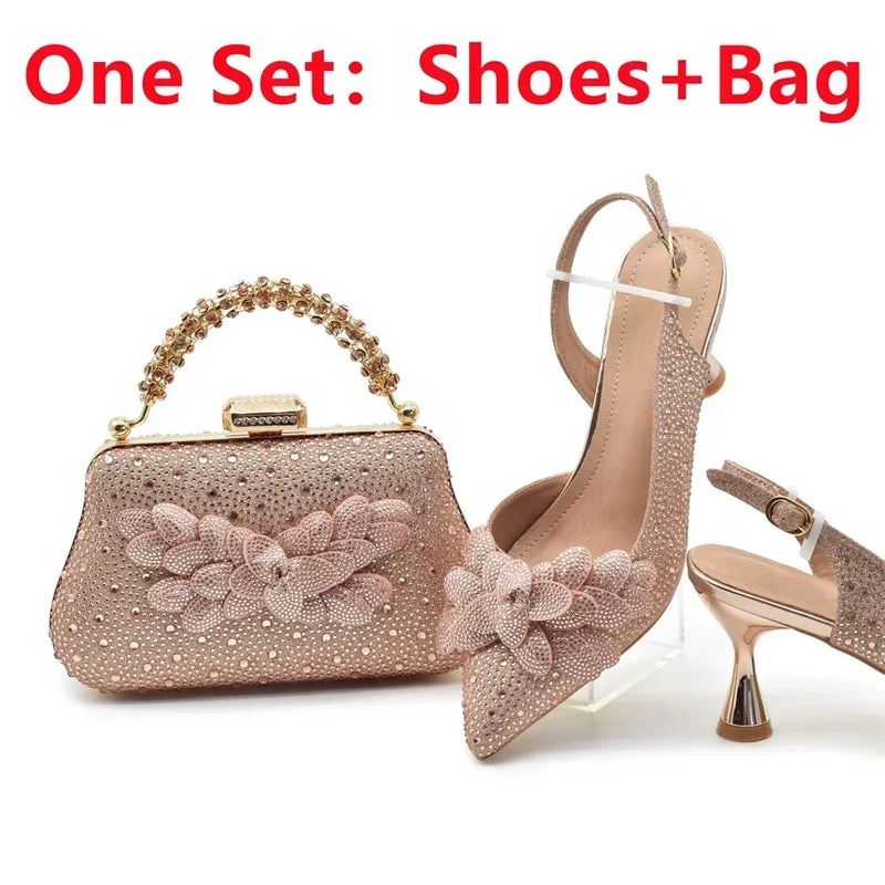 Women's Pumps Rhinestones Party Shoe and Bag Set