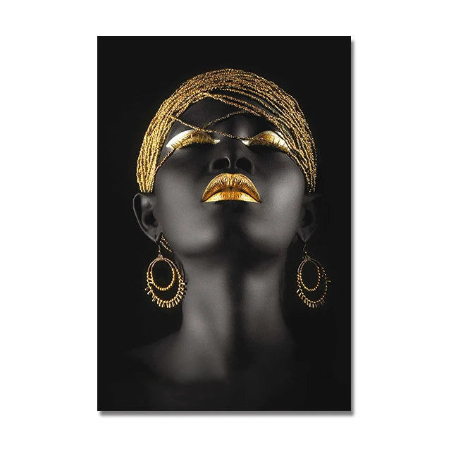 African Woman Gold Jewelry Canvas Painting Posters