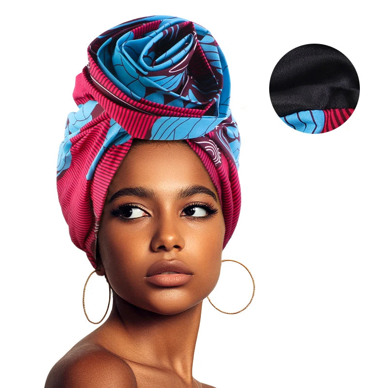 Woman African Satin Lined Turban Big Flower Hat